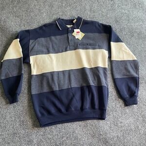 Munsingwear Mens Medium Polo Sweatshirt Navy Blue Striped Colorblock Long Sleeve
